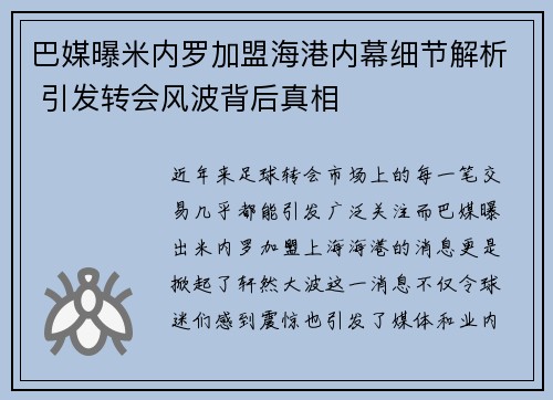 巴媒曝米内罗加盟海港内幕细节解析 引发转会风波背后真相